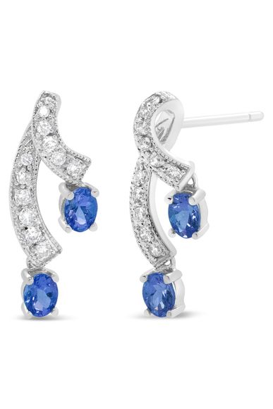 Oval Shaped Blue Tanzanite Gemstone and 1/5 Cttw Diamond Double Drop Earrings - Picture 2 of 5